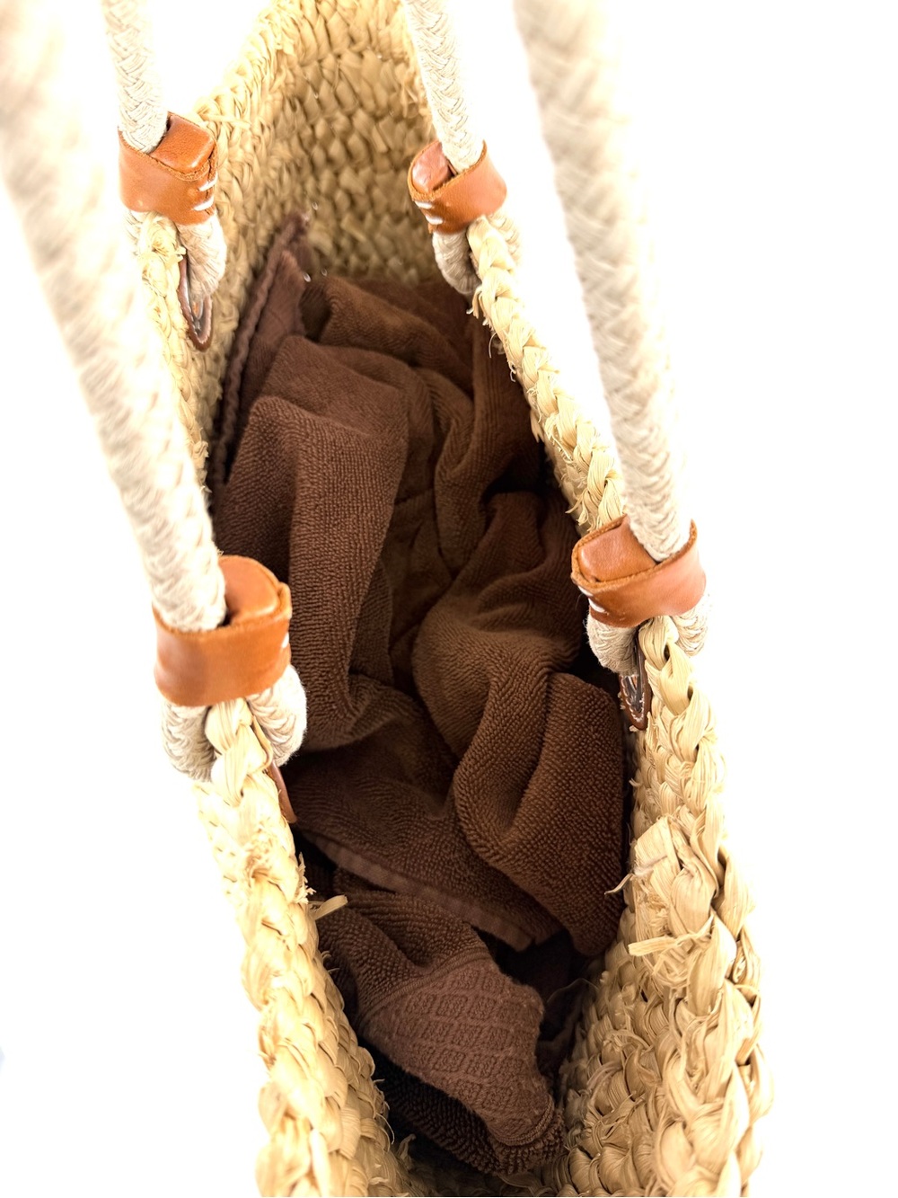 Lands End Woven Raffia Beach Shopper Summer Large Straw Tote Bag Leather Accents - Picture 7 of 11